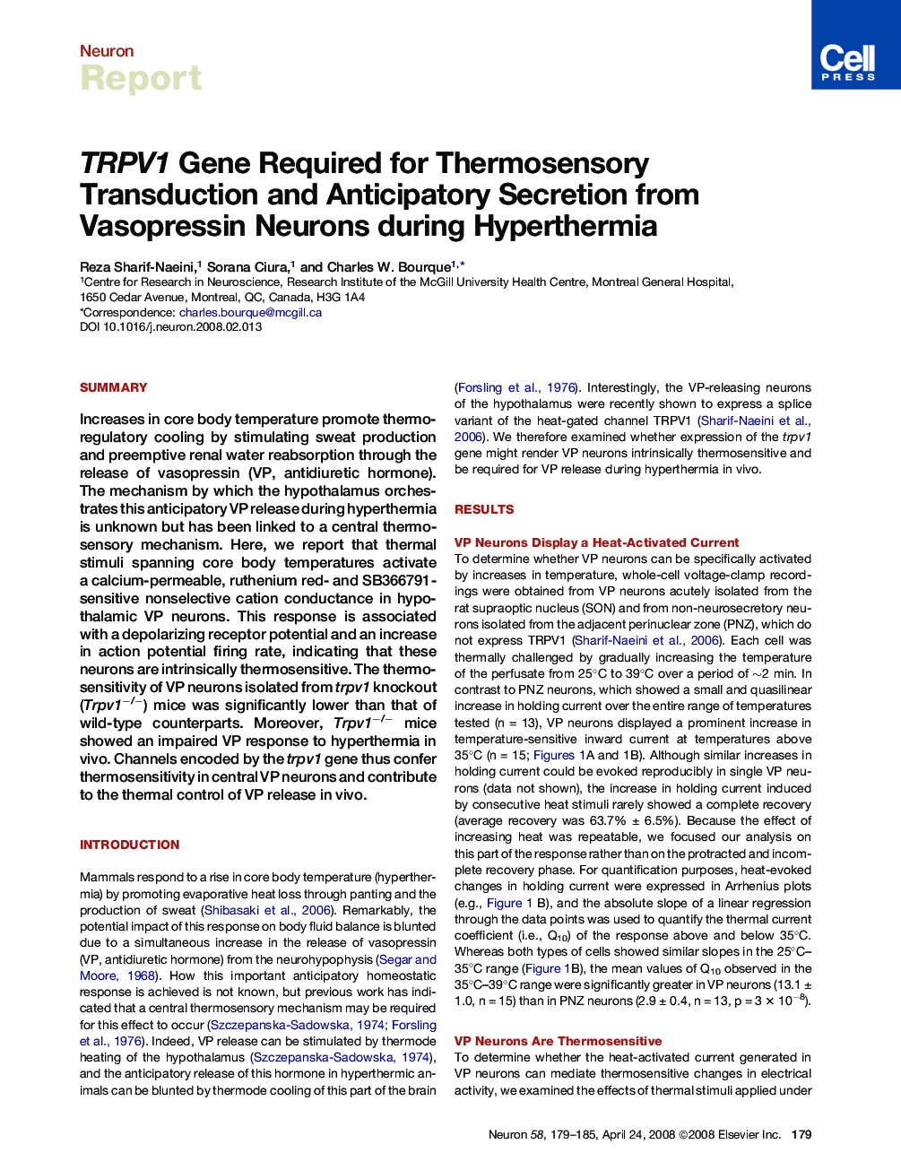 TRPV1 Gene Required for Thermosensory Transduction and Anticipatory Secretion from Vasopressin Neurons during Hyperthermia
