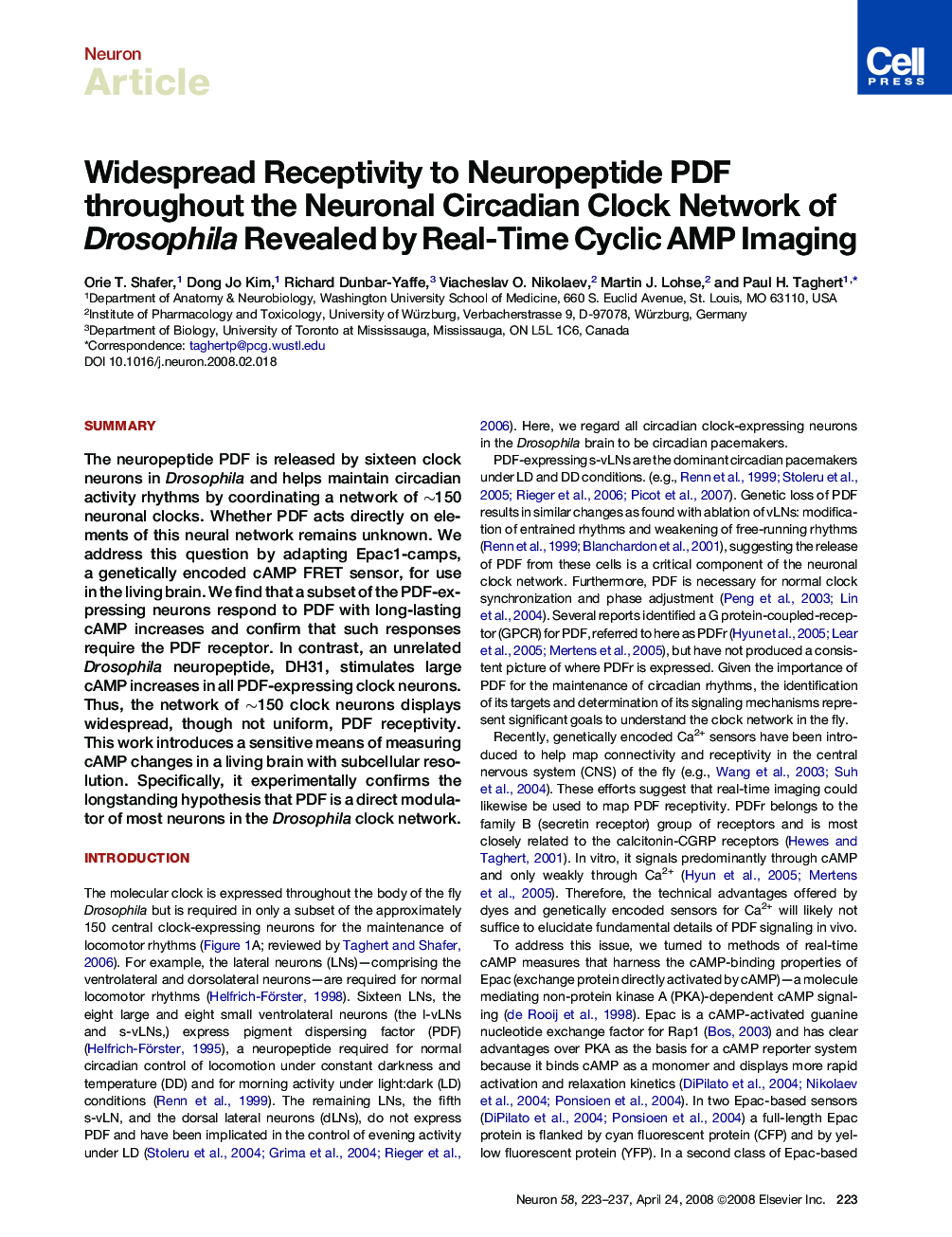Widespread Receptivity to Neuropeptide PDF throughout the Neuronal Circadian Clock Network of Drosophila Revealed by Real-Time Cyclic AMP Imaging