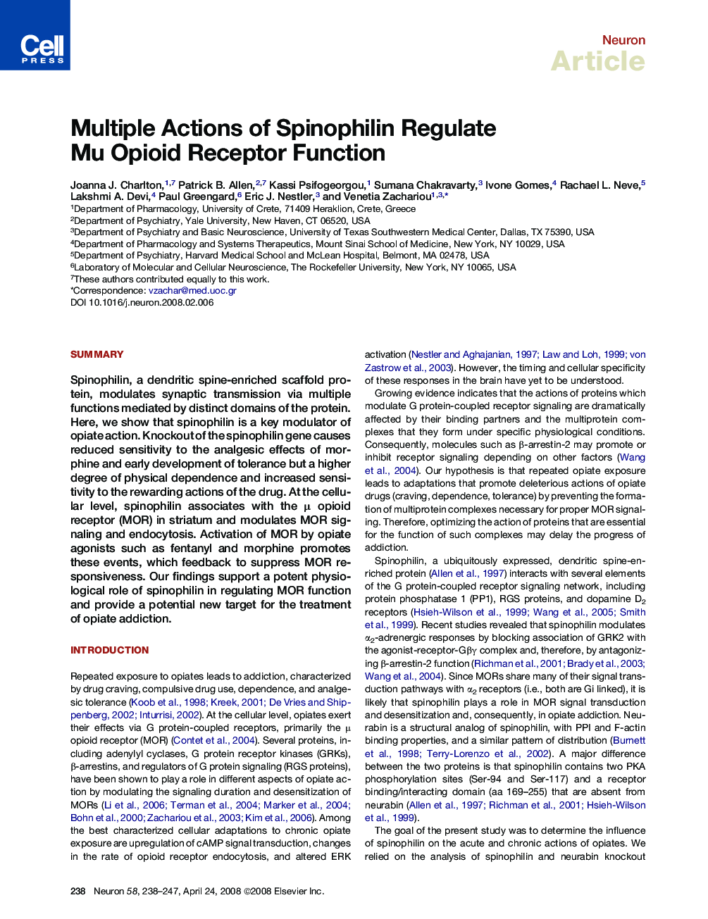 Multiple Actions of Spinophilin Regulate Mu Opioid Receptor Function