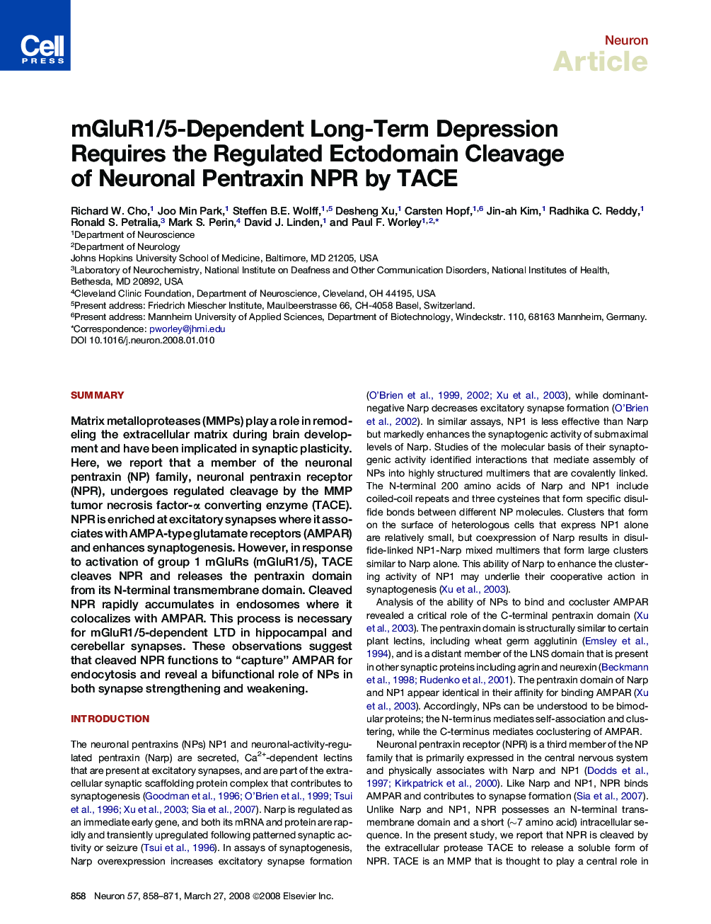 mGluR1/5-Dependent Long-Term Depression Requires the Regulated Ectodomain Cleavage of Neuronal Pentraxin NPR by TACE