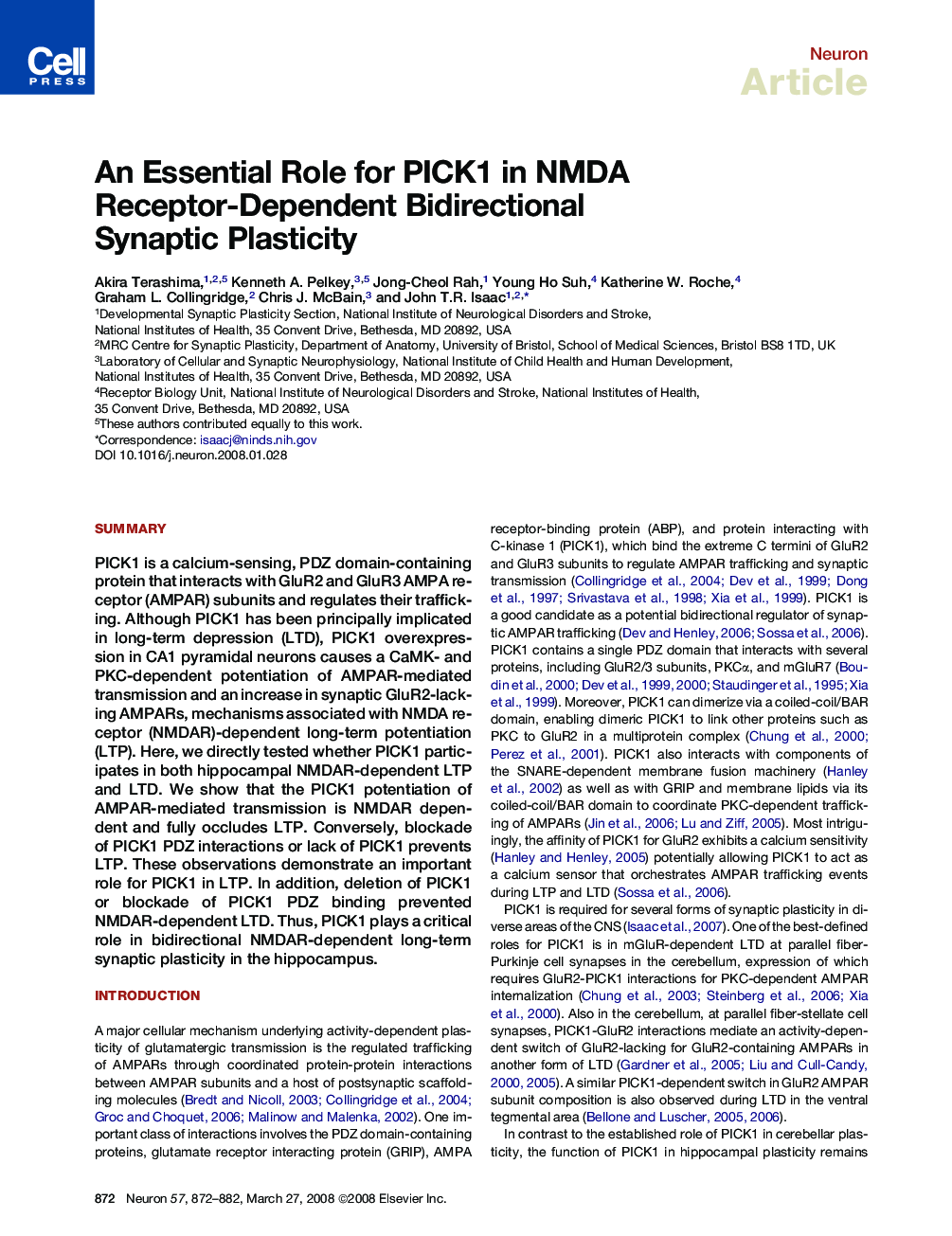 An Essential Role for PICK1 in NMDA Receptor-Dependent Bidirectional Synaptic Plasticity