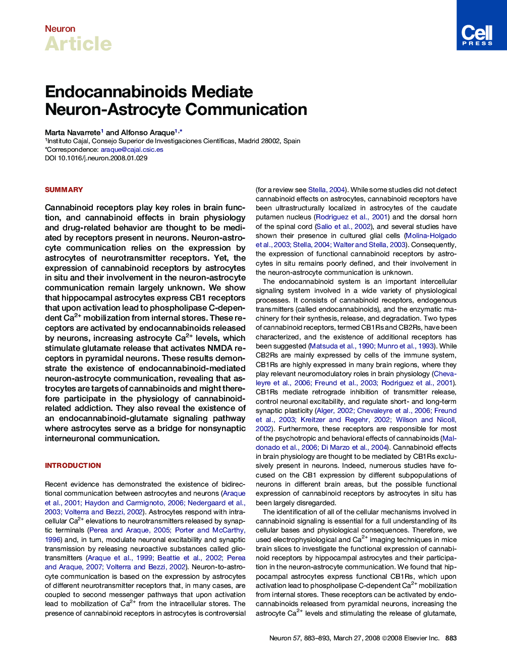 Endocannabinoids Mediate Neuron-Astrocyte Communication