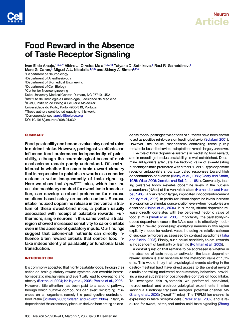 Food Reward in the Absence of Taste Receptor Signaling