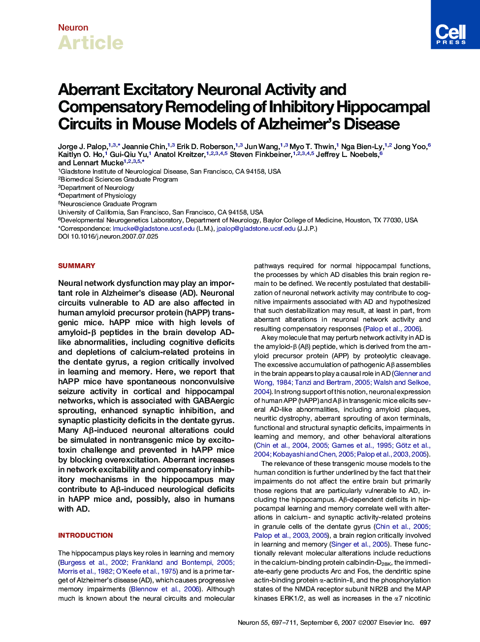 Aberrant Excitatory Neuronal Activity and Compensatory Remodeling of Inhibitory Hippocampal Circuits in Mouse Models of Alzheimer's Disease