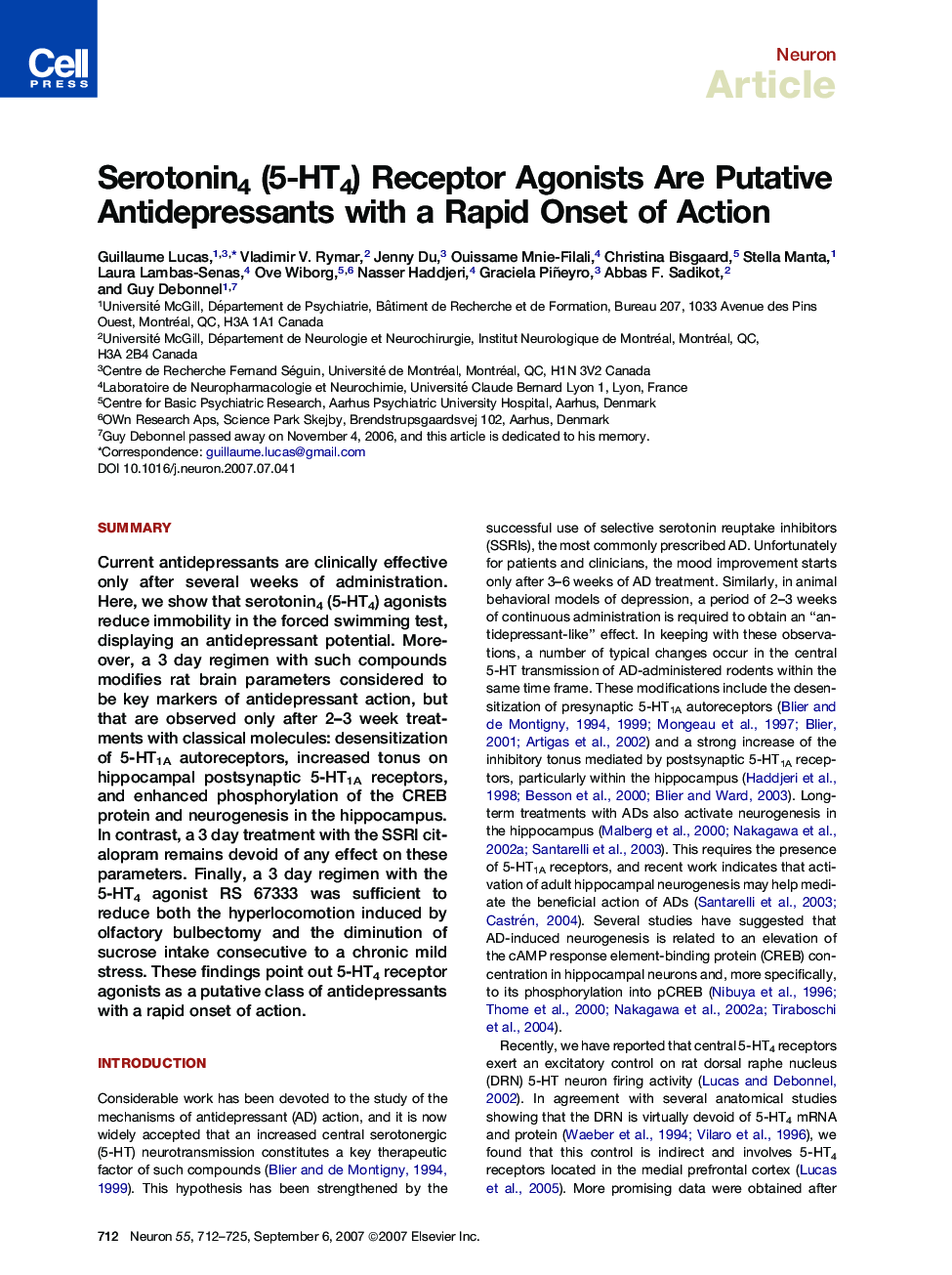 Serotonin4 (5-HT4) Receptor Agonists Are Putative Antidepressants with a Rapid Onset of Action
