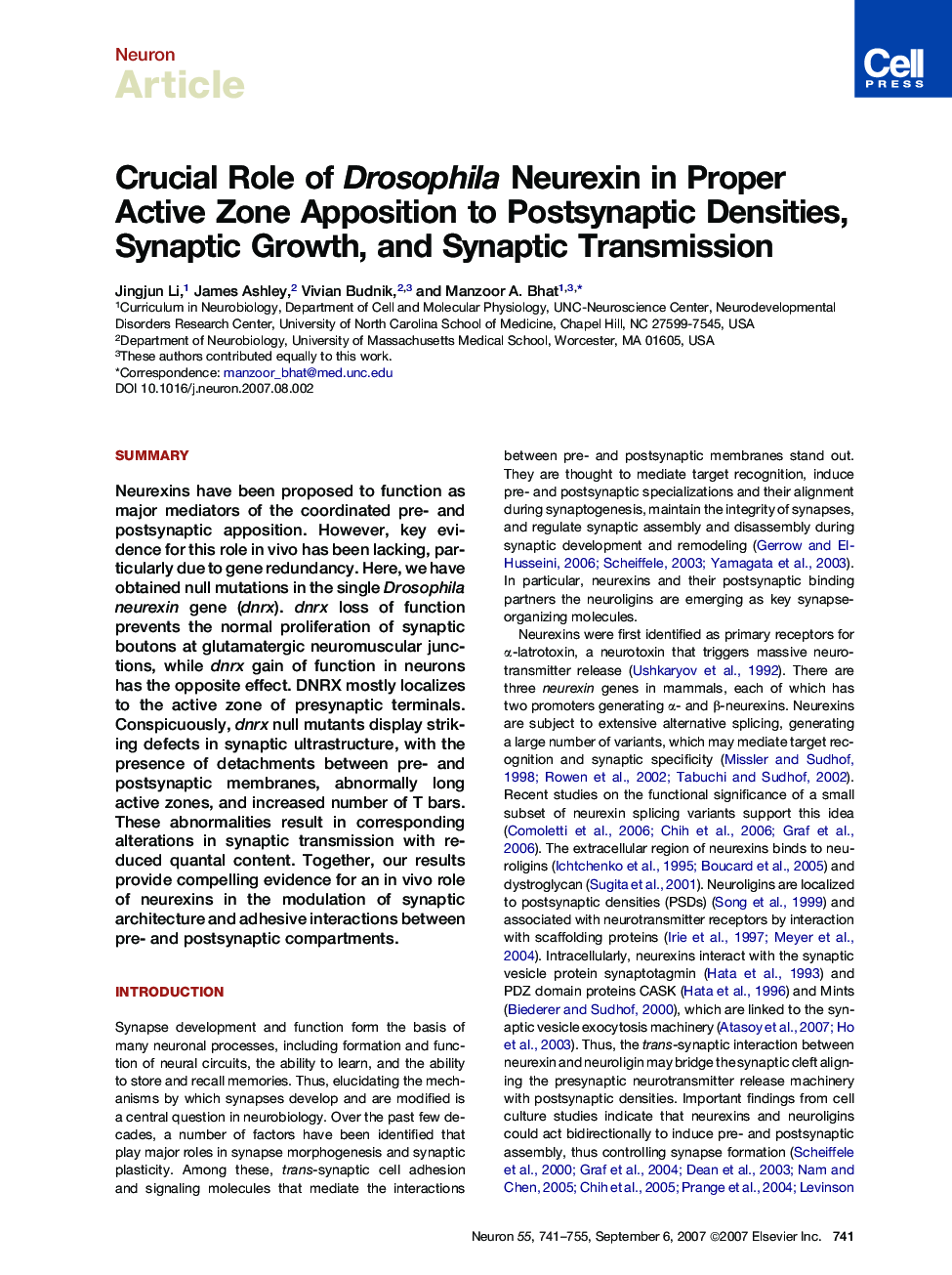 Crucial Role of Drosophila Neurexin in Proper Active Zone Apposition to Postsynaptic Densities, Synaptic Growth, and Synaptic Transmission
