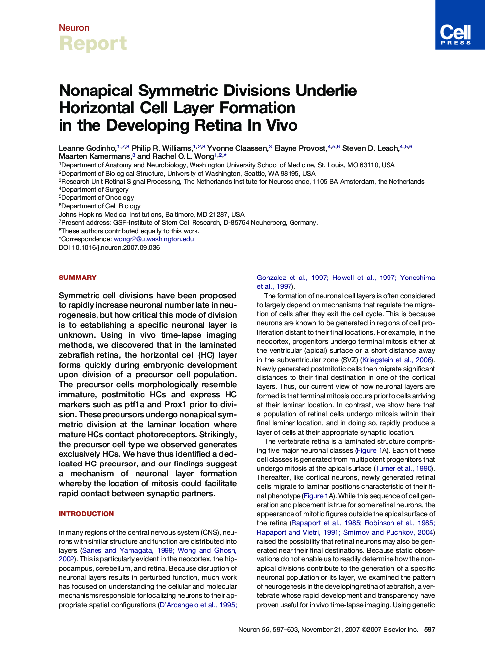 Nonapical Symmetric Divisions Underlie Horizontal Cell Layer Formation in the Developing Retina In Vivo