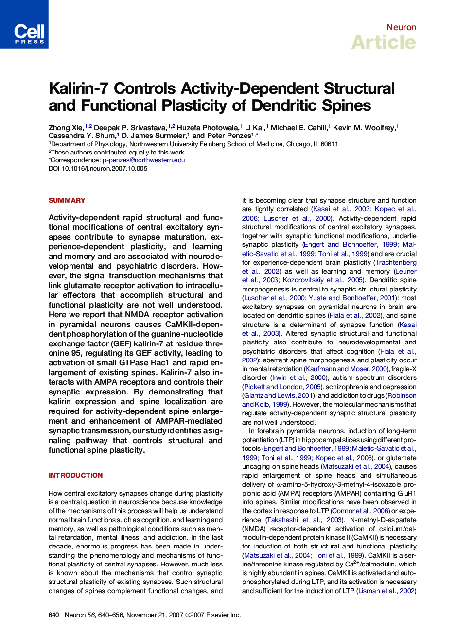 Kalirin-7 Controls Activity-Dependent Structural and Functional Plasticity of Dendritic Spines