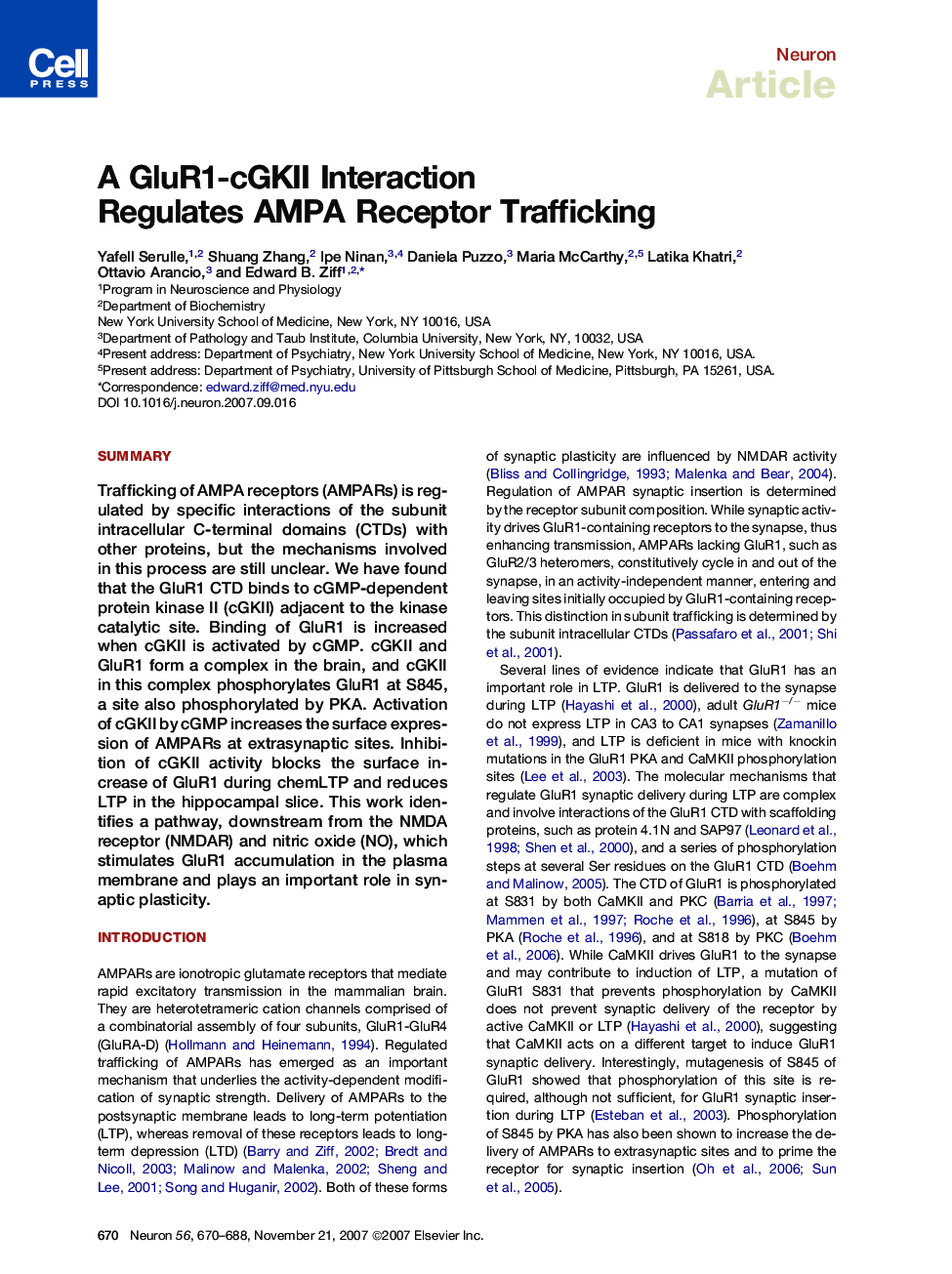 A GluR1-cGKII Interaction Regulates AMPA Receptor Trafficking