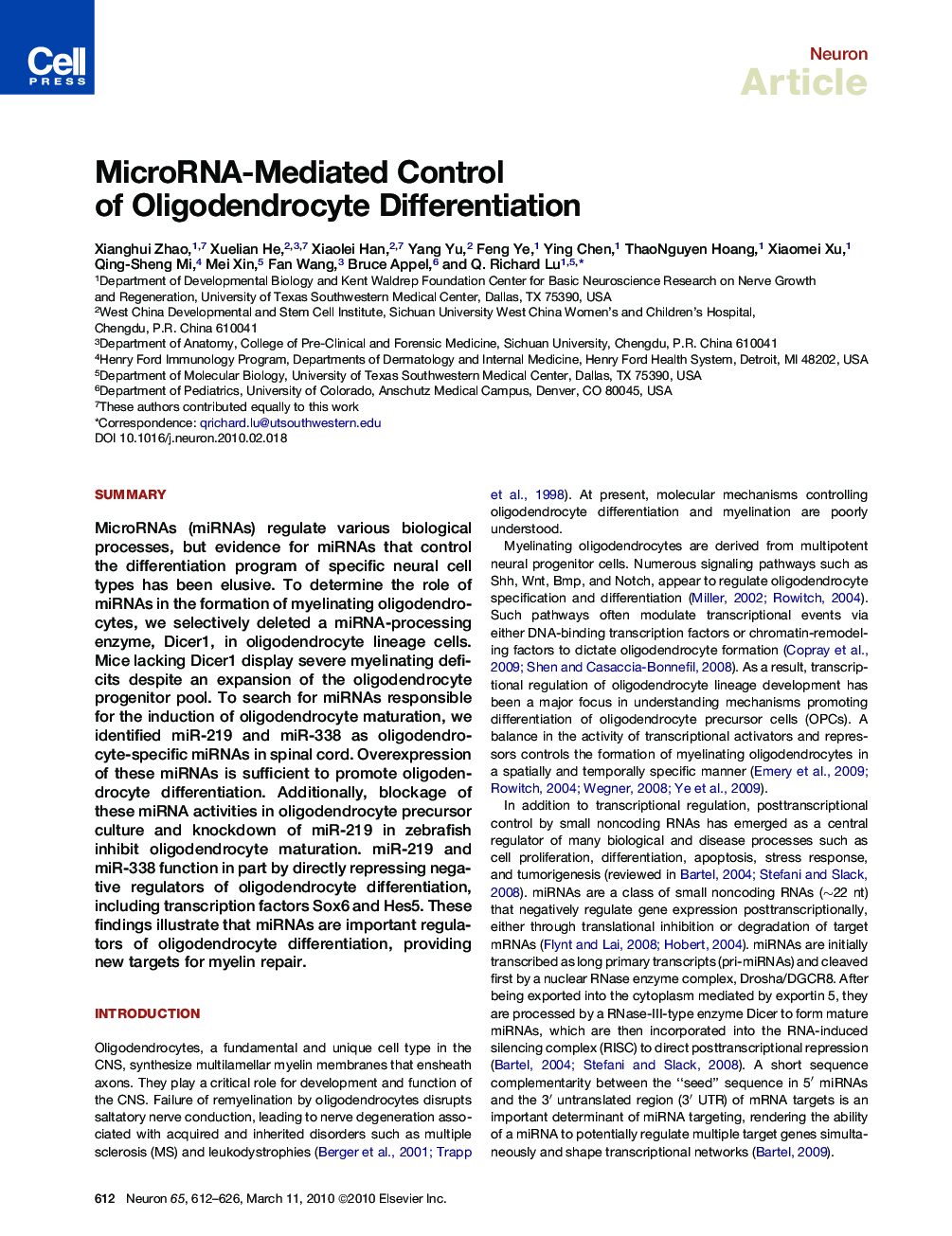MicroRNA-Mediated Control of Oligodendrocyte Differentiation