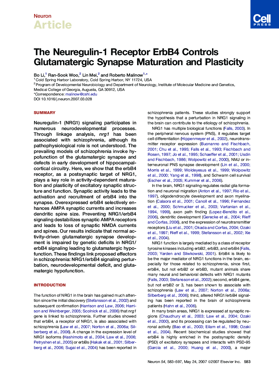 The Neuregulin-1 Receptor ErbB4 Controls Glutamatergic Synapse Maturation and Plasticity