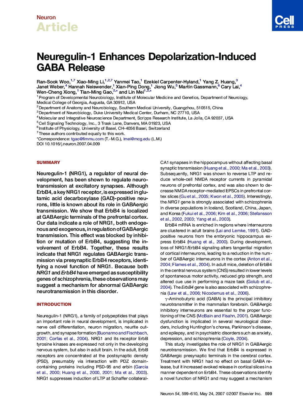 Neuregulin-1 Enhances Depolarization-Induced GABA Release
