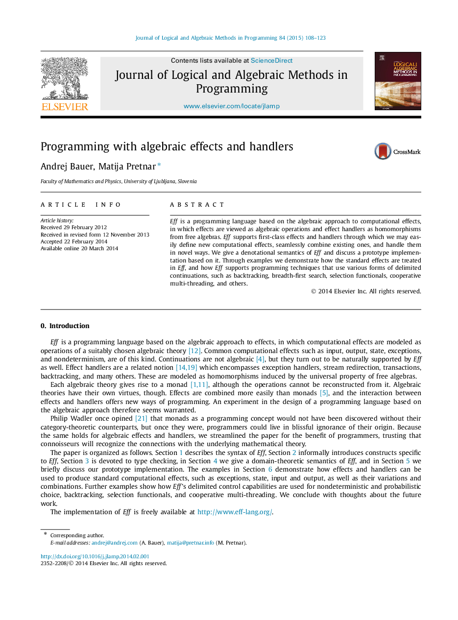 Programming with algebraic effects and handlers