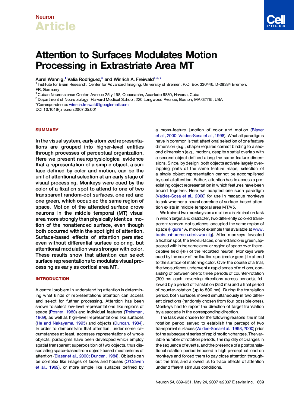 Attention to Surfaces Modulates Motion Processing in Extrastriate Area MT