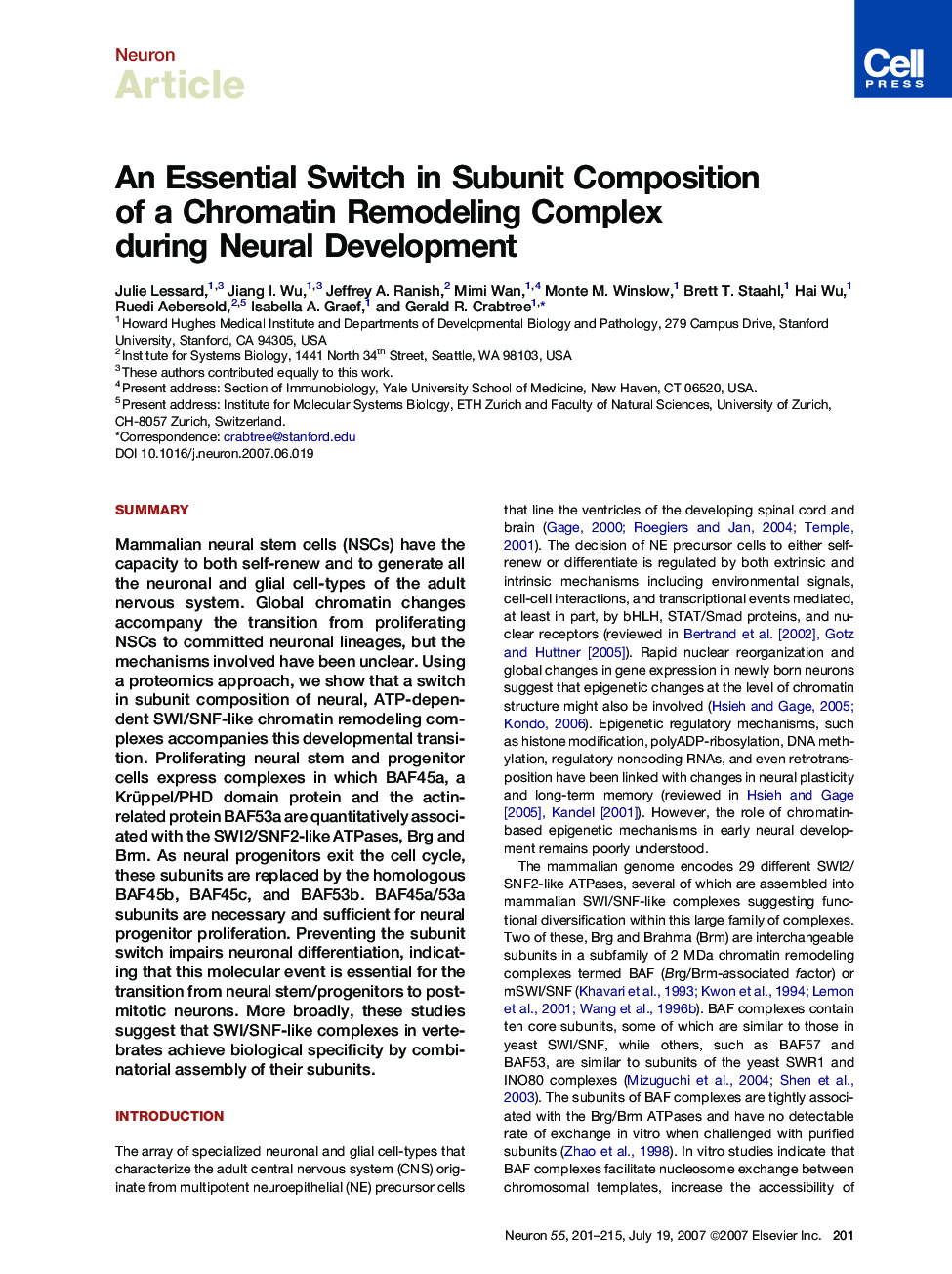 An Essential Switch in Subunit Composition of a Chromatin Remodeling Complex during Neural Development