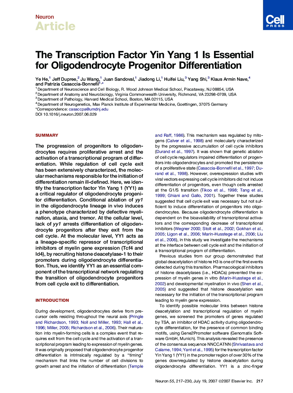 The Transcription Factor Yin Yang 1 Is Essential for Oligodendrocyte Progenitor Differentiation