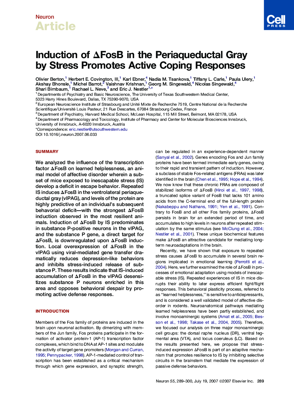 Induction of ΔFosB in the Periaqueductal Gray by Stress Promotes Active Coping Responses