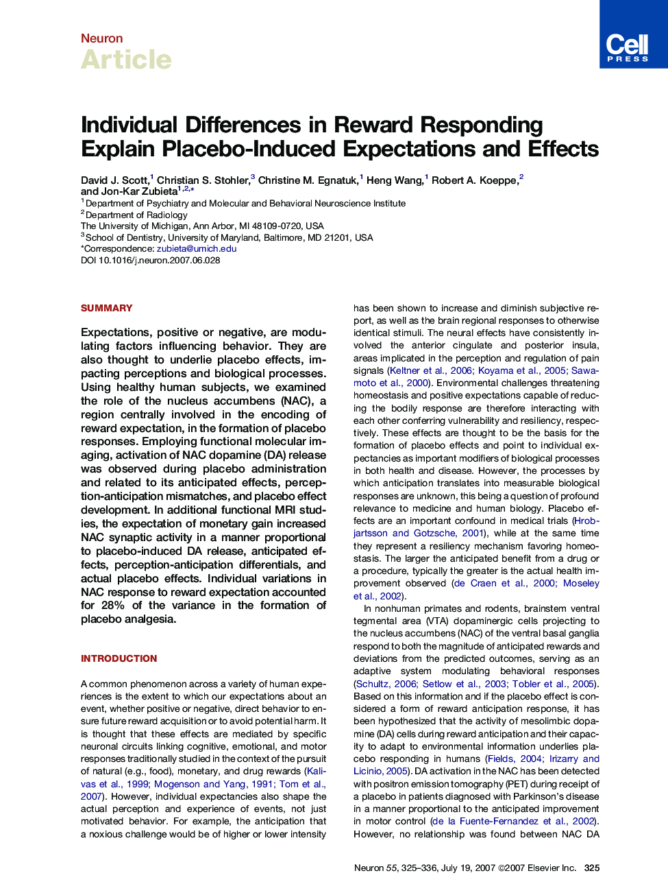 Individual Differences in Reward Responding Explain Placebo-Induced Expectations and Effects