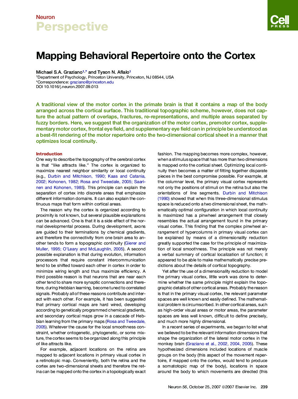 Mapping Behavioral Repertoire onto the Cortex