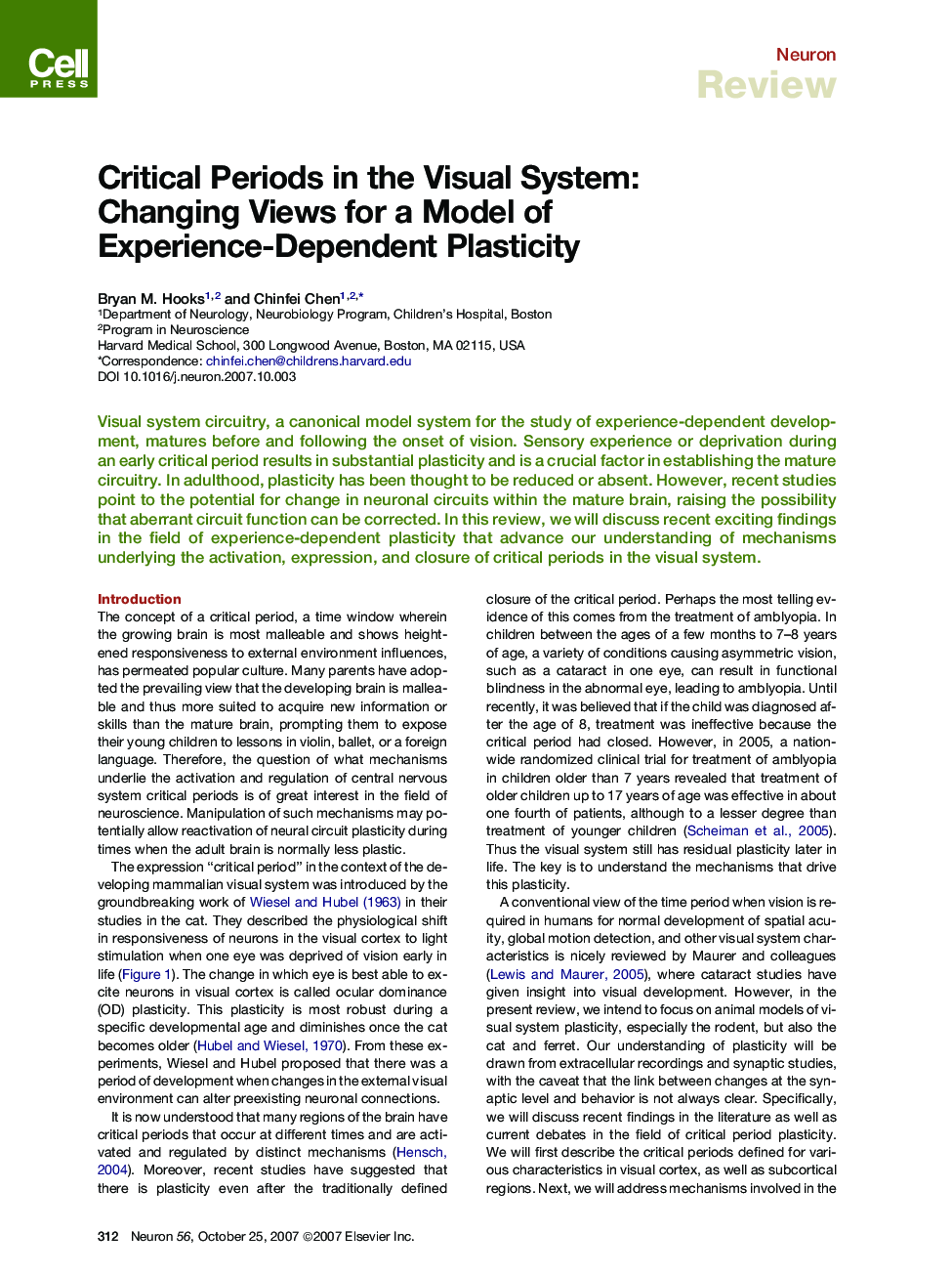 Critical Periods in the Visual System: Changing Views for a Model of Experience-Dependent Plasticity