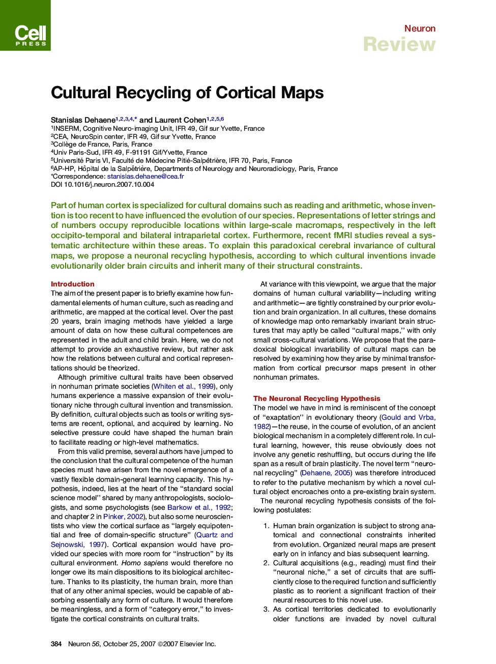 Cultural Recycling of Cortical Maps