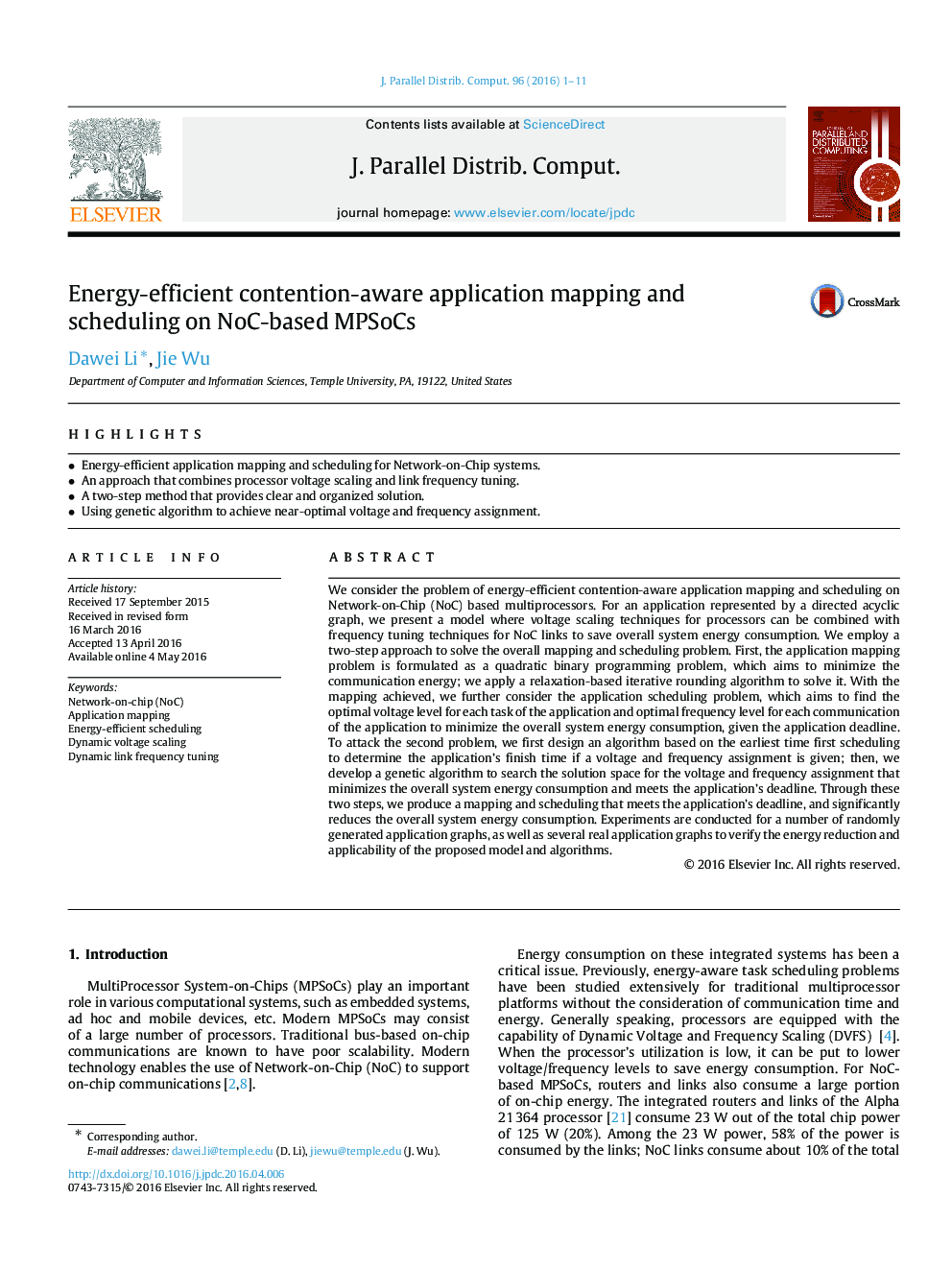 Energy-efficient contention-aware application mapping and scheduling on NoC-based MPSoCs