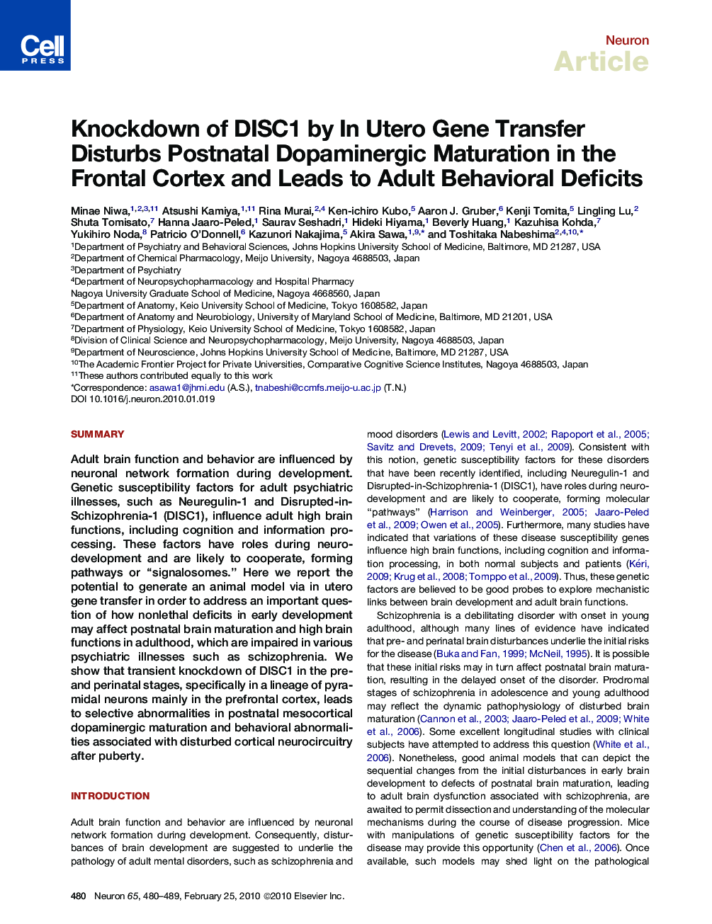 Knockdown of DISC1 by In Utero Gene Transfer Disturbs Postnatal Dopaminergic Maturation in the Frontal Cortex and Leads to Adult Behavioral Deficits