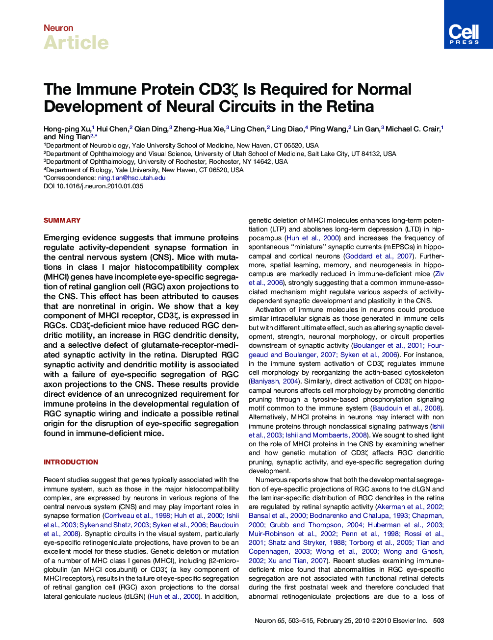 The Immune Protein CD3ζ Is Required for Normal Development of Neural Circuits in the Retina