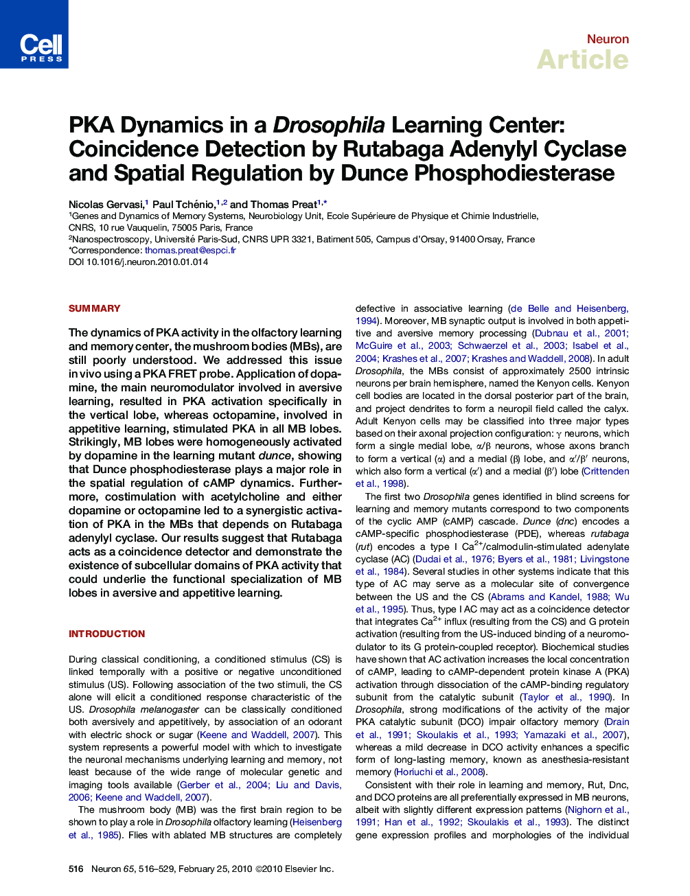 PKA Dynamics in a Drosophila Learning Center: Coincidence Detection by Rutabaga Adenylyl Cyclase and Spatial Regulation by Dunce Phosphodiesterase