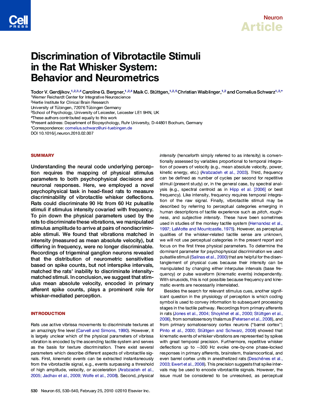 Discrimination of Vibrotactile Stimuli in the Rat Whisker System: Behavior and Neurometrics