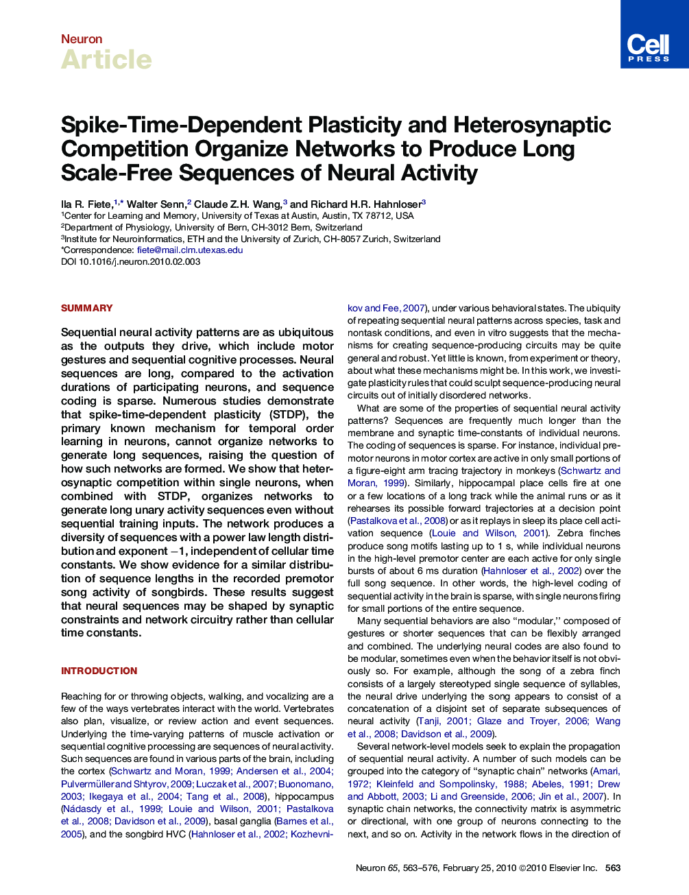 Spike-Time-Dependent Plasticity and Heterosynaptic Competition Organize Networks to Produce Long Scale-Free Sequences of Neural Activity
