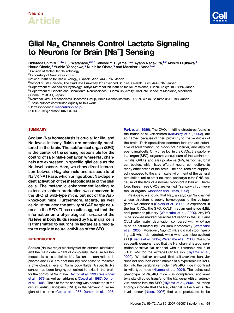 Glial Nax Channels Control Lactate Signaling to Neurons for Brain [Na+] Sensing
