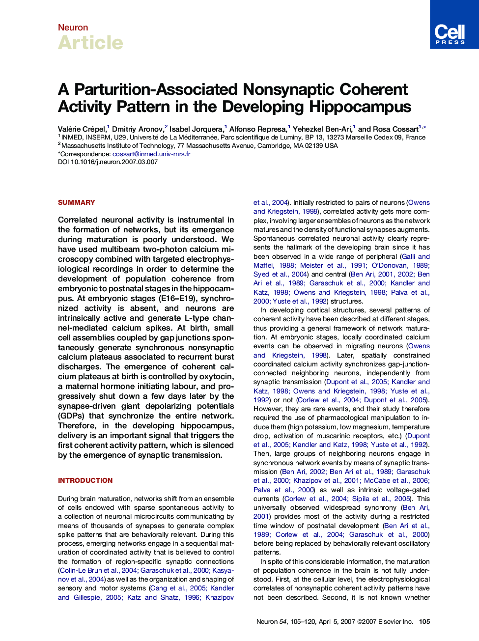 A Parturition-Associated Nonsynaptic Coherent Activity Pattern in the Developing Hippocampus