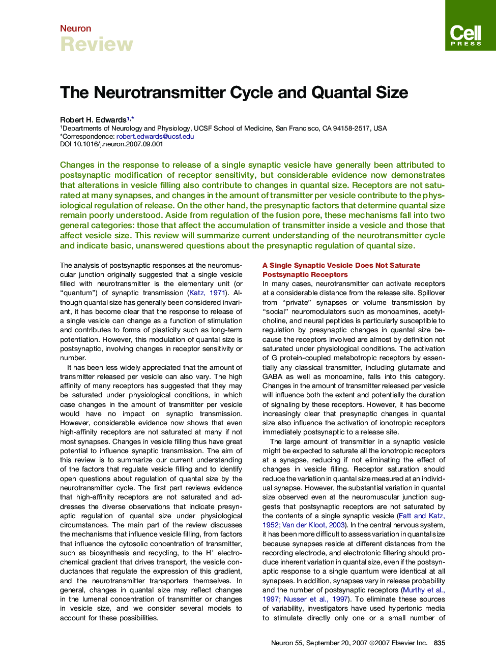The Neurotransmitter Cycle and Quantal Size