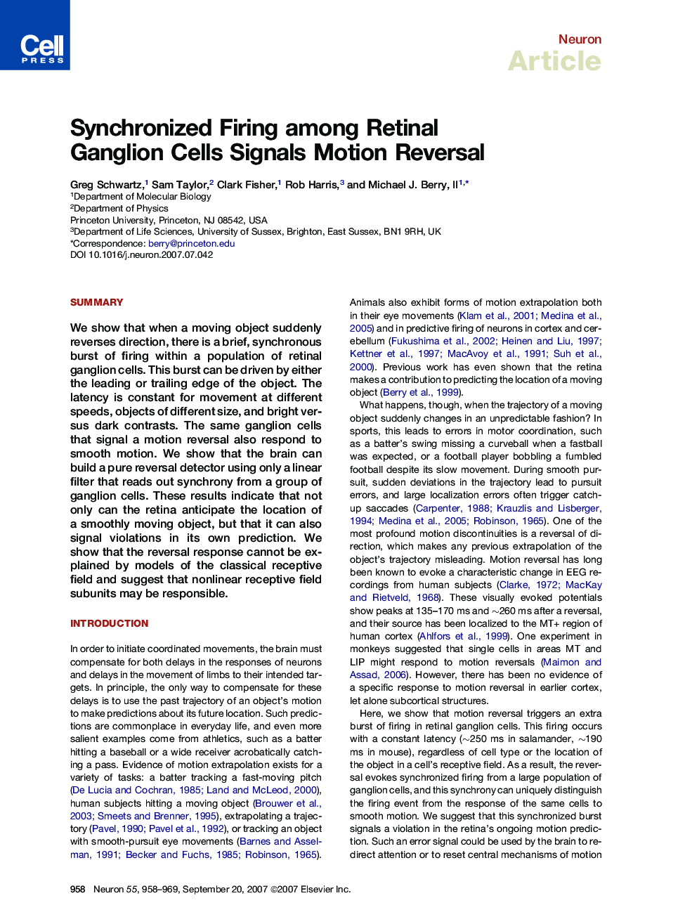 Synchronized Firing among Retinal Ganglion Cells Signals Motion Reversal