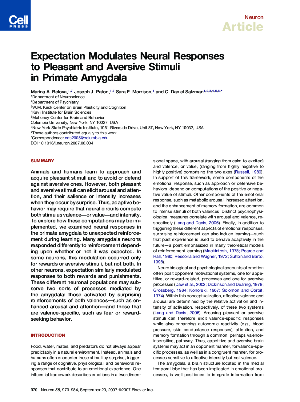 Expectation Modulates Neural Responses to Pleasant and Aversive Stimuli in Primate Amygdala