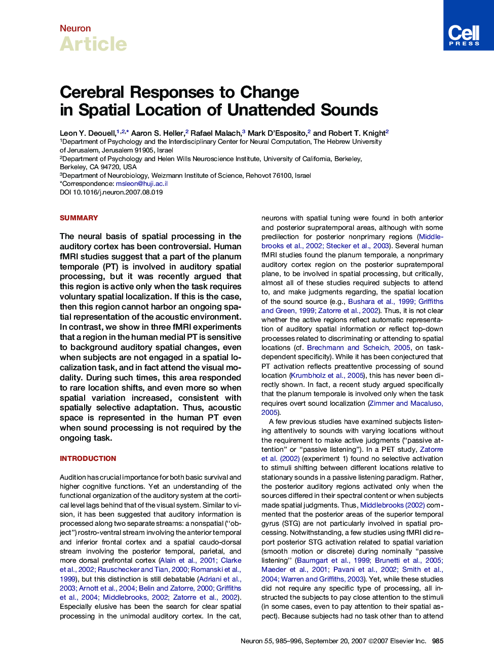 Cerebral Responses to Change in Spatial Location of Unattended Sounds