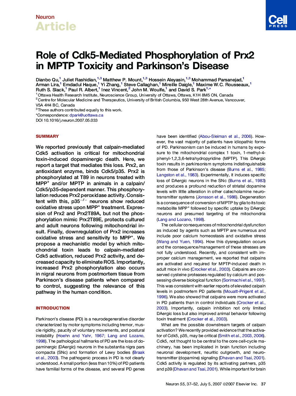 Role of Cdk5-Mediated Phosphorylation of Prx2 in MPTP Toxicity and Parkinson's Disease