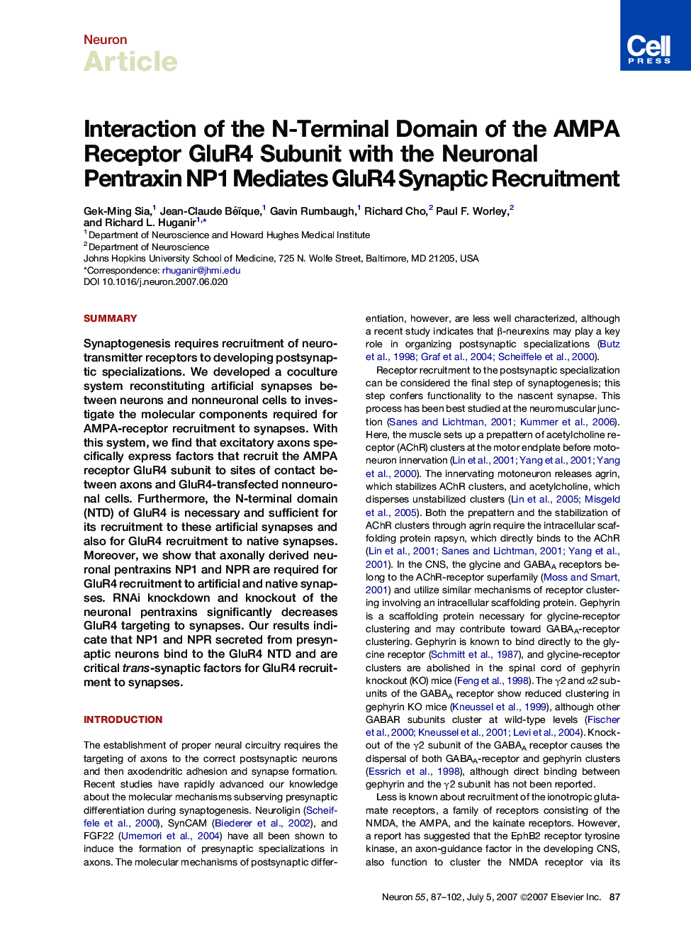 Interaction of the N-Terminal Domain of the AMPA Receptor GluR4 Subunit with the Neuronal Pentraxin NP1 Mediates GluR4 Synaptic Recruitment