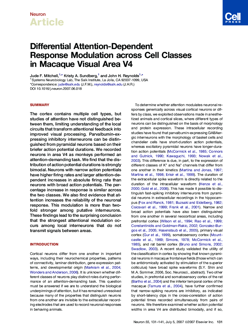 Differential Attention-Dependent Response Modulation across Cell Classes in Macaque Visual Area V4