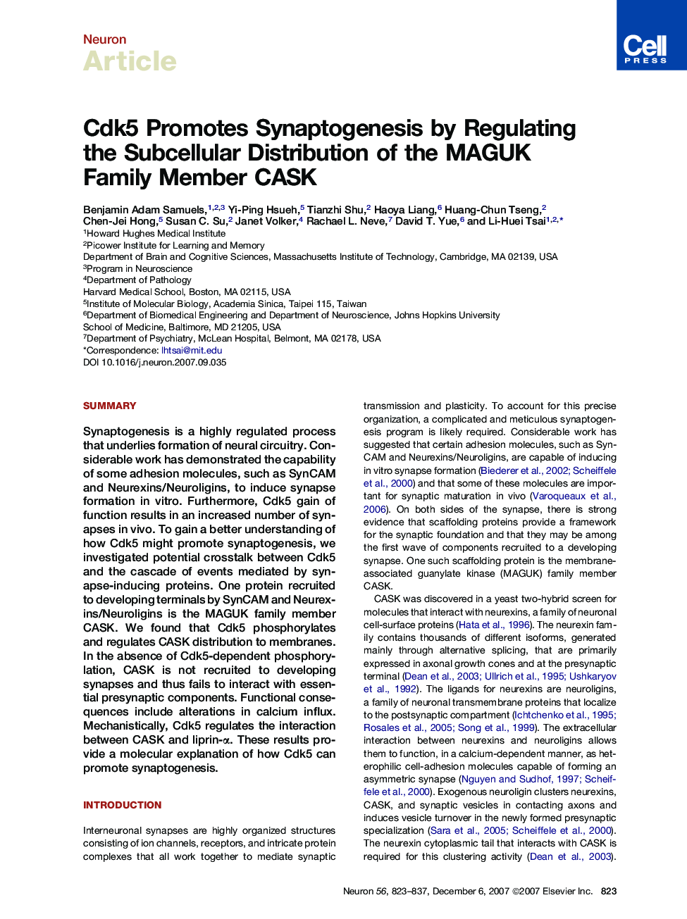 Cdk5 Promotes Synaptogenesis by Regulating the Subcellular Distribution of the MAGUK Family Member CASK
