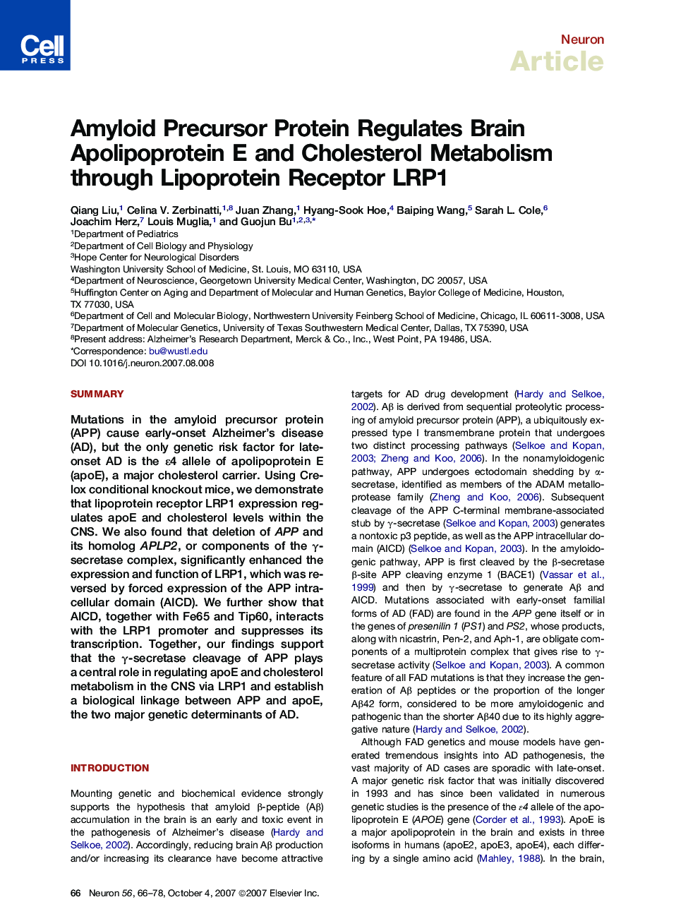 Amyloid Precursor Protein Regulates Brain Apolipoprotein E and Cholesterol Metabolism through Lipoprotein Receptor LRP1