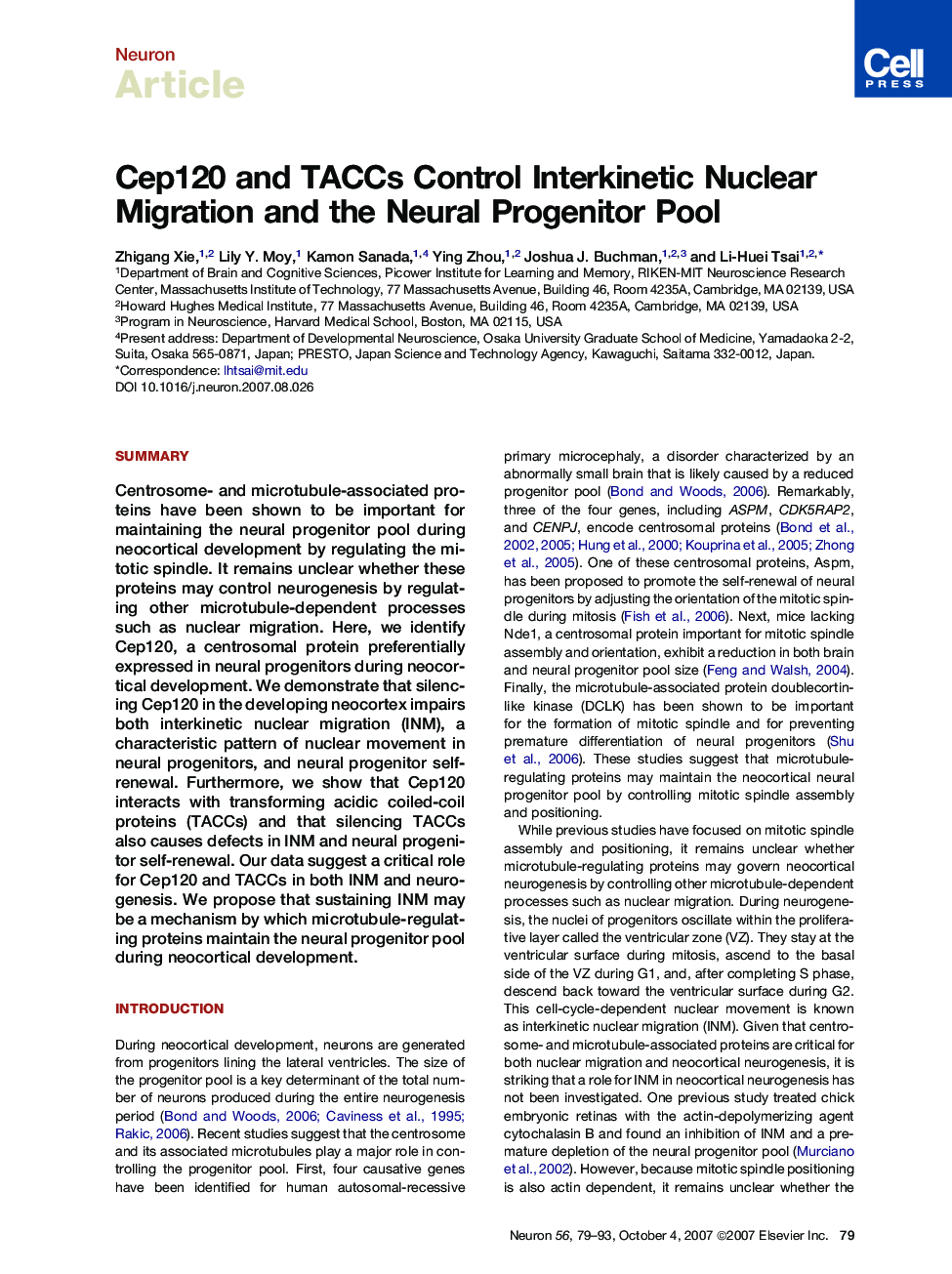 Cep120 and TACCs Control Interkinetic Nuclear Migration and the Neural Progenitor Pool