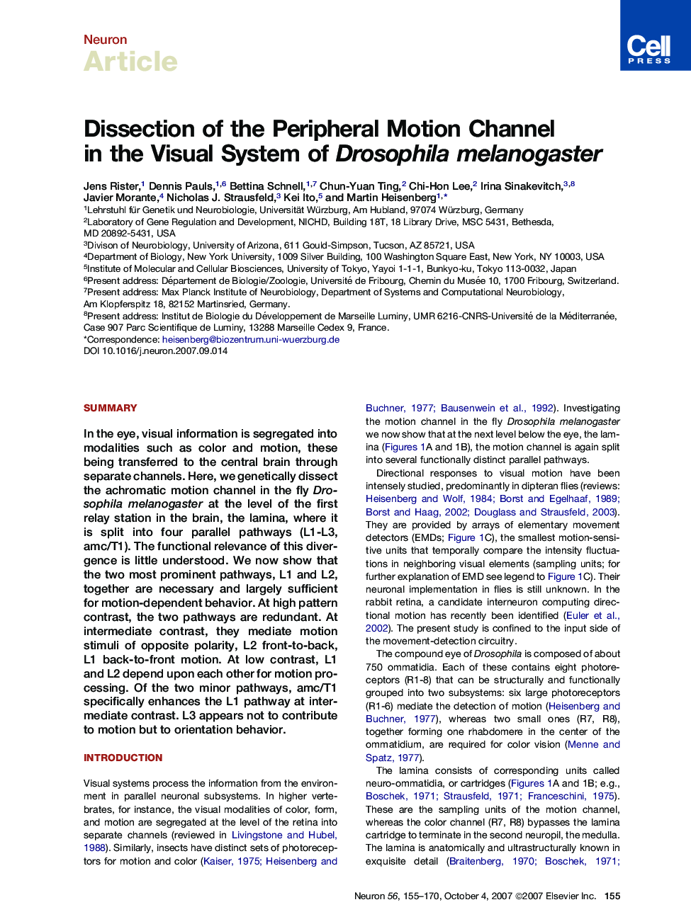 Dissection of the Peripheral Motion Channel in the Visual System of Drosophila melanogaster