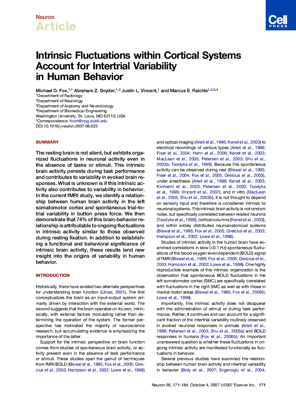 Intrinsic Fluctuations within Cortical Systems Account for Intertrial Variability in Human Behavior