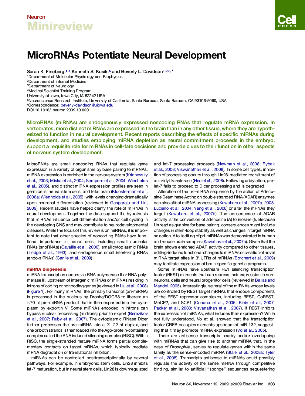 MicroRNAs Potentiate Neural Development