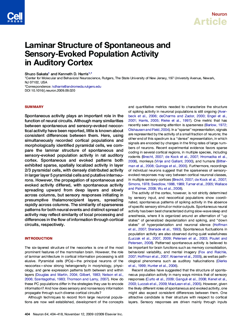 Laminar Structure of Spontaneous and Sensory-Evoked Population Activity in Auditory Cortex