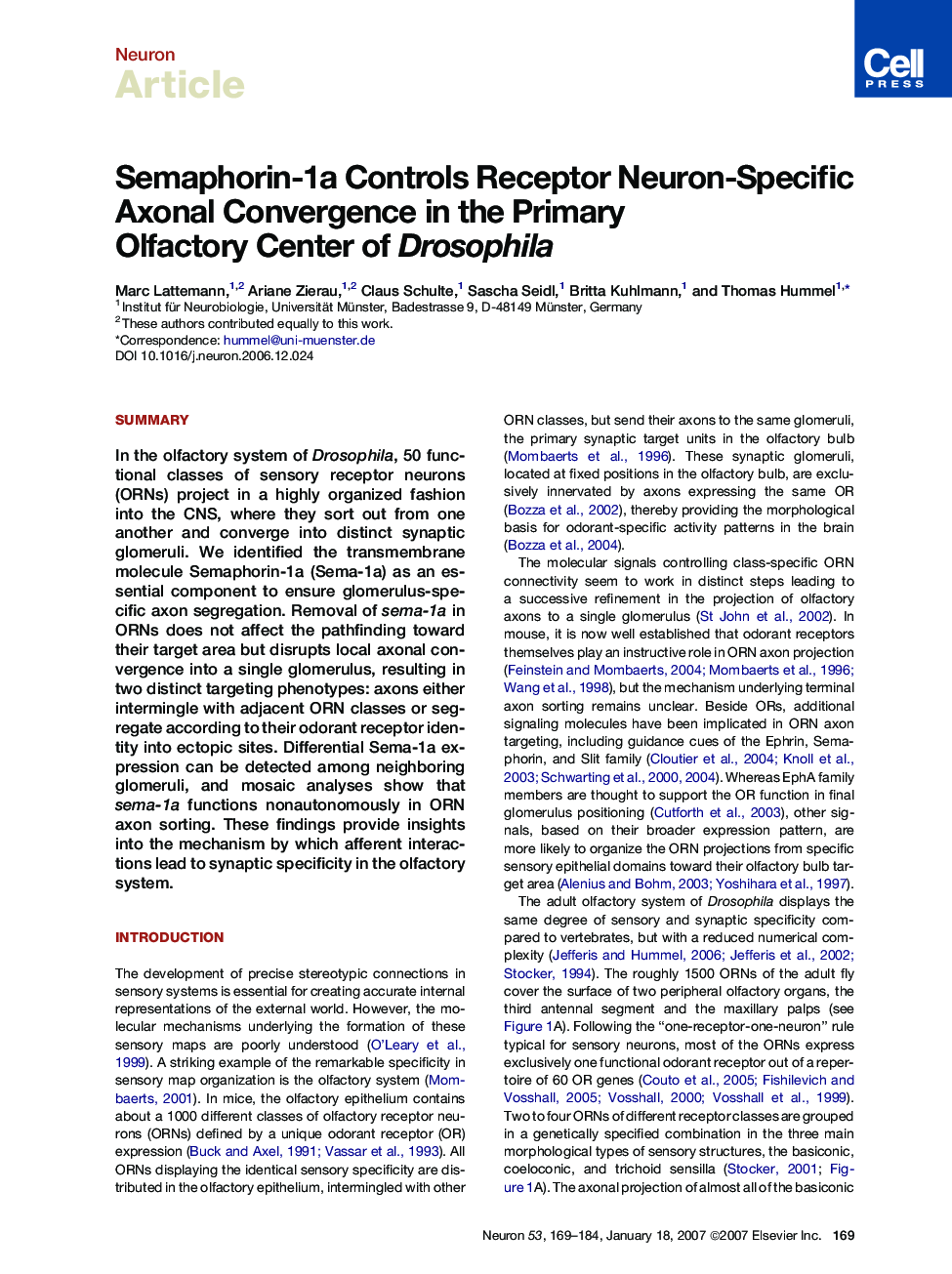 Semaphorin-1a Controls Receptor Neuron-Specific Axonal Convergence in the Primary Olfactory Center of Drosophila