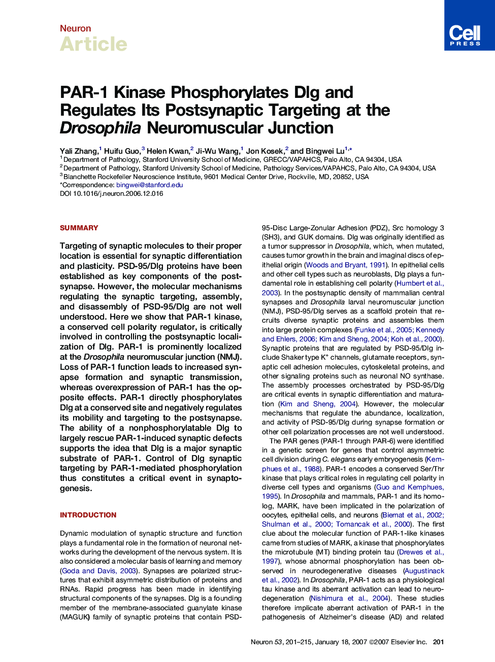 PAR-1 Kinase Phosphorylates Dlg and Regulates Its Postsynaptic Targeting at the Drosophila Neuromuscular Junction