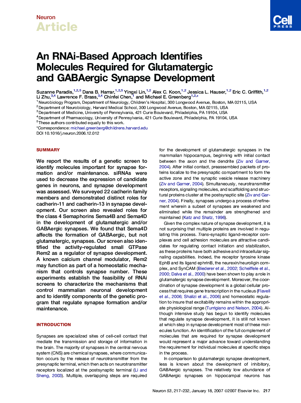 An RNAi-Based Approach Identifies Molecules Required for Glutamatergic and GABAergic Synapse Development